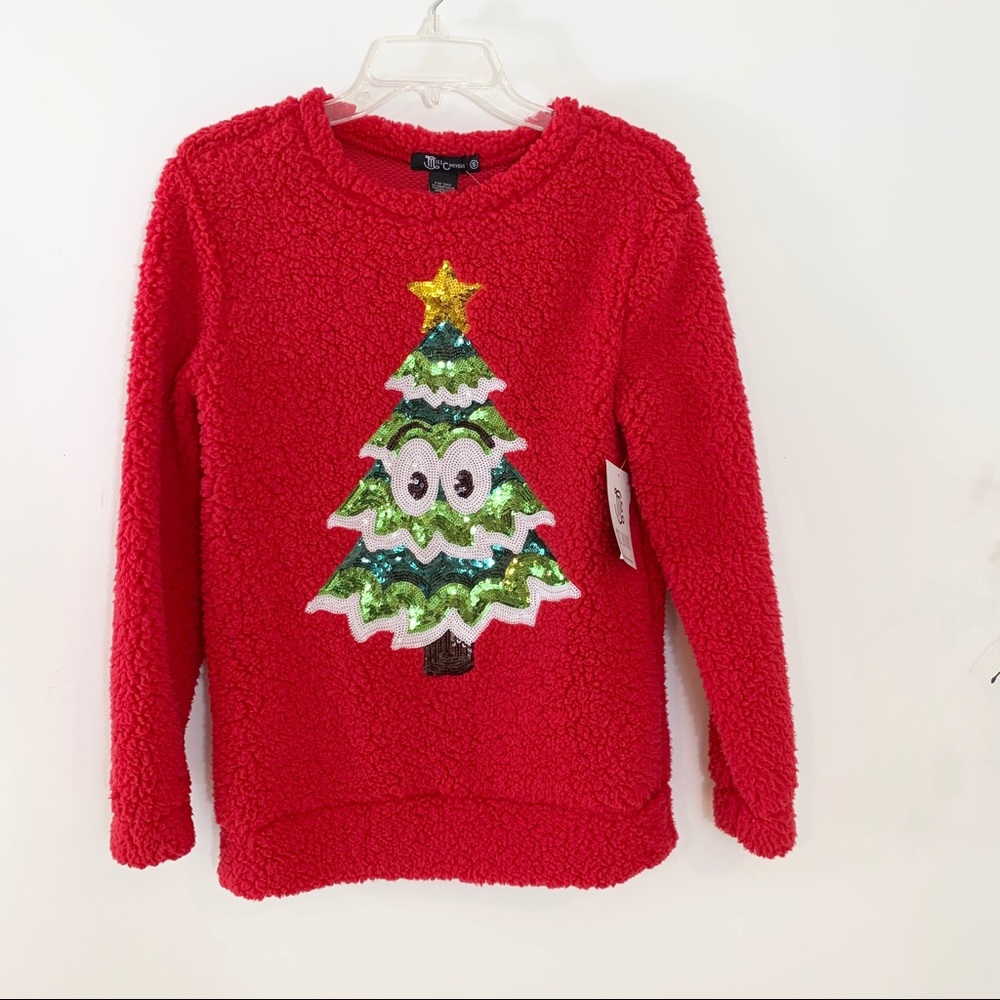 Miss Chievous Christmas Sequin Sherpa Sweater Red - Picture 3 of 8